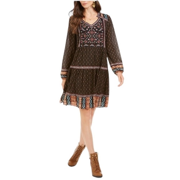NWOT STYLE & CO. Multicolored Beaded Long Sleeve Peasant Boho Dress Lined XS - Picture 1 of 16